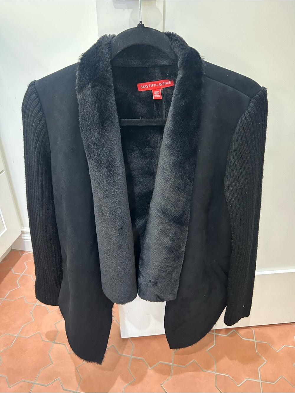 Saks Fifth Avenue Black Faux Fur Trim Knit-Sleeve Jacket
